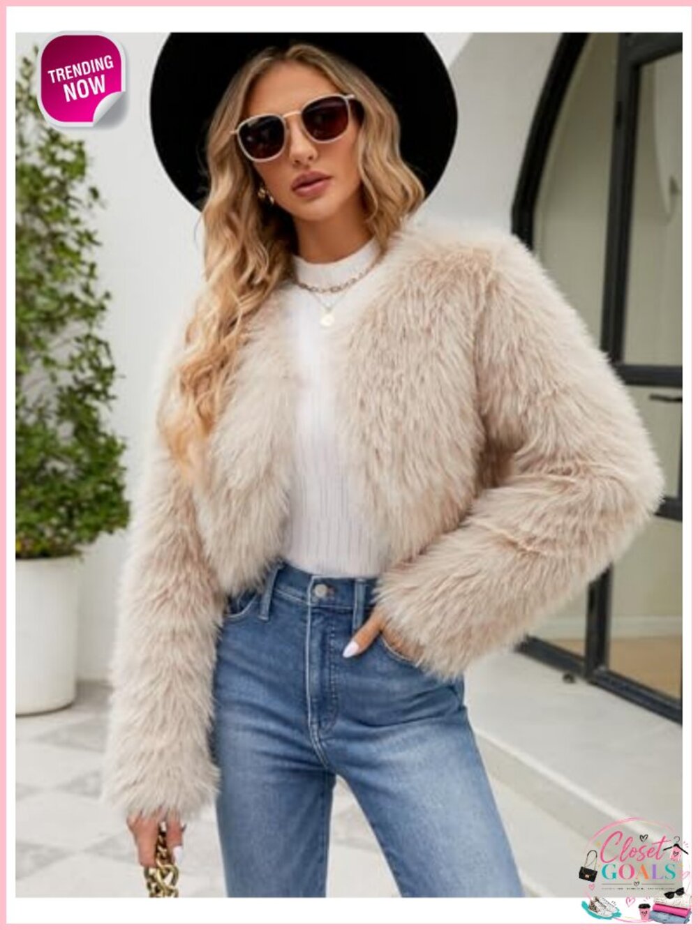 Cropped Faux Fur Jacket Long Sleeve Open Front Fuzzy Coat - Picture 2 of 6
